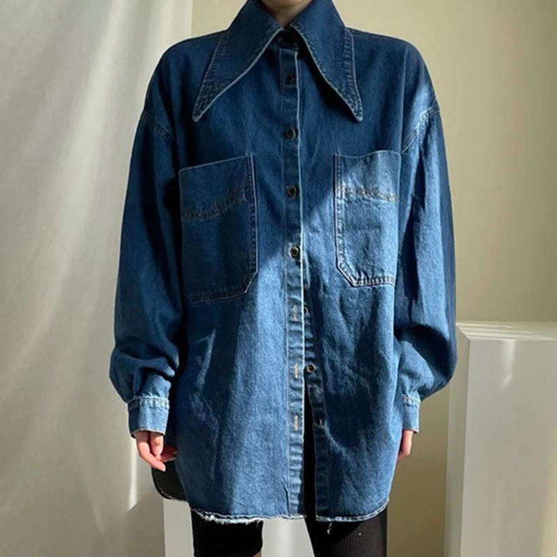 Wholesale Autumn Retro Pointed Collar Single-Breasted Shirt Loose Large Pocket Washed Blue Denim Shirt Long Sleeve Solid Blouse