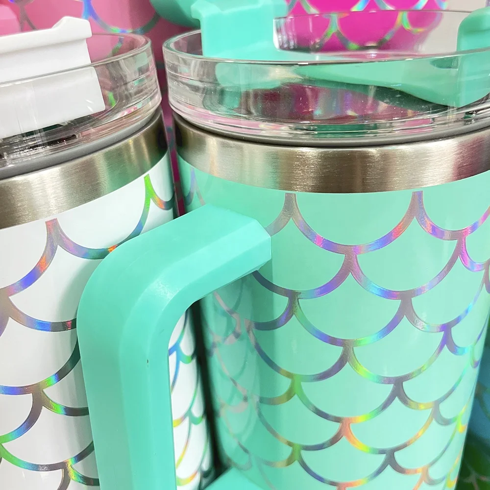 USA warehouse Wholesale 40oz mermaid coffee cups with handle Reusable drinkware Stainless Steel fish scales cup