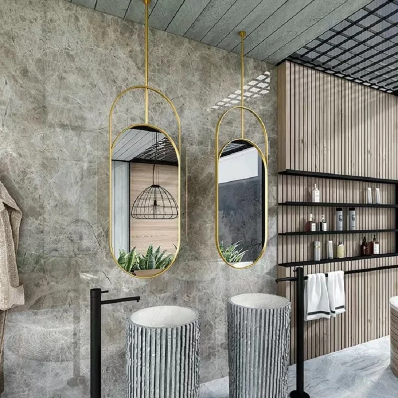 Contemporary hotels oval ceiling hanging mirror metal bathroom decorative gold arch suspended led mirrors with pole