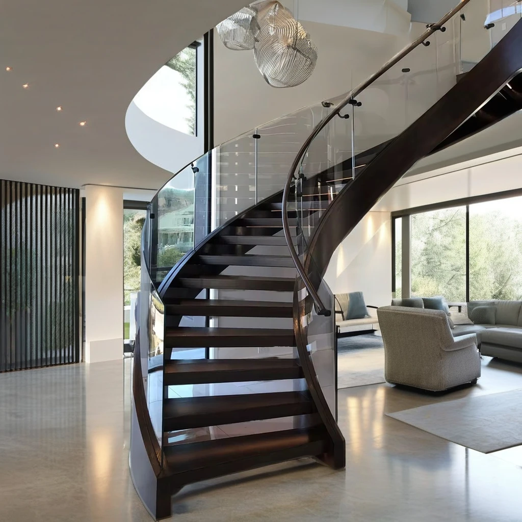 Nordi Arc Stairs Custom Modern Design Villa Wrought Iron Steel Glass Railing Apartments Wood Curved Staircase House Exterior