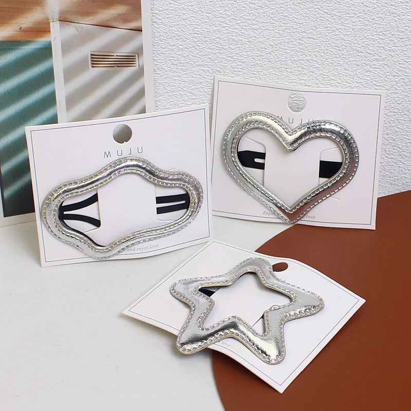 Y2k Sweet Cool Silver PU Leather Heart Star Hair Clips 2Pcs/set Korean Side Clips Bangs Clips