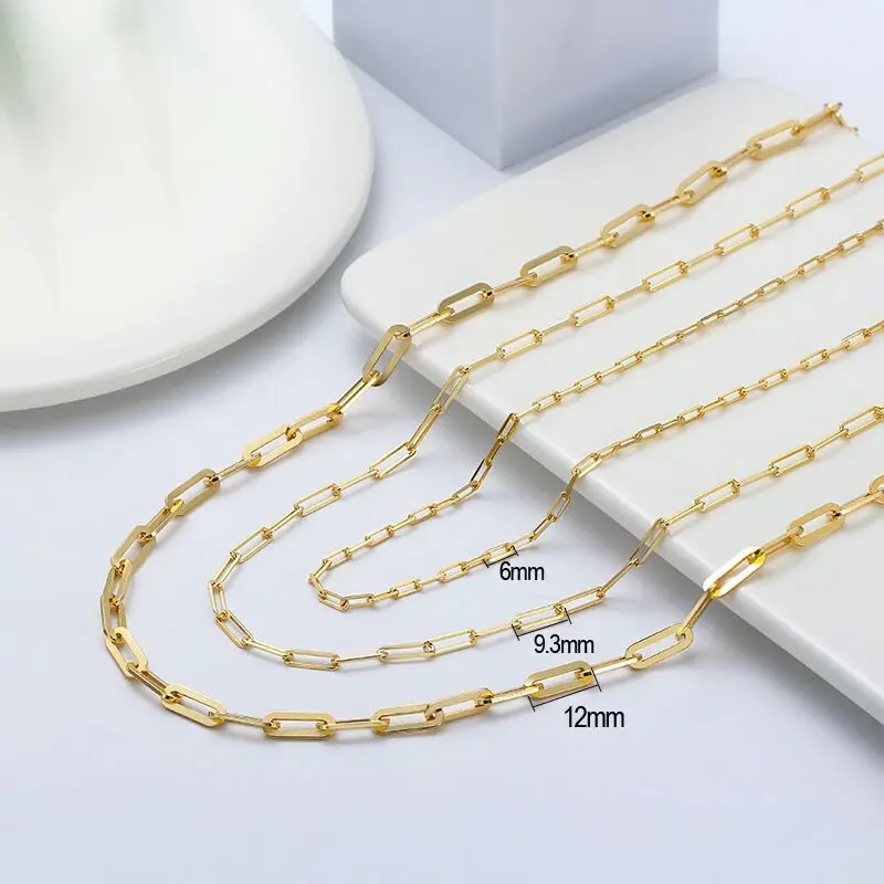 Minimalist Real 14K Gold Over Solid 925 Sterling Silver Italian Paperclip Flat Link Chain Necklace for Girls Women Men
