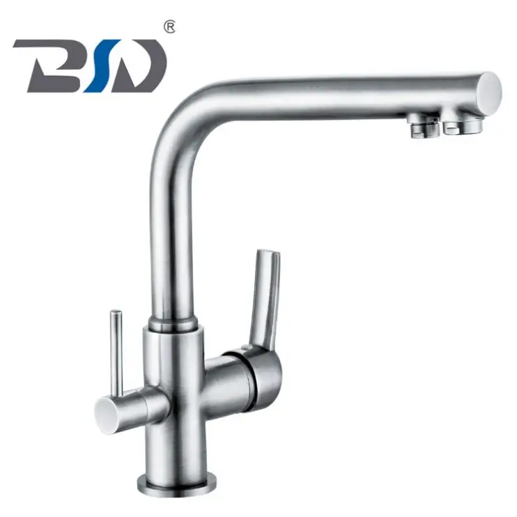 High Quality Brass Long Neck 3 Way Brushed Nickel Tri-flow Kitchen Faucet