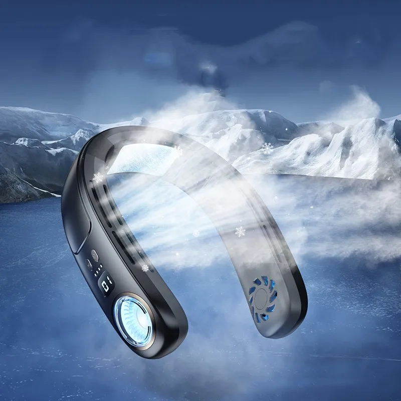 New Design Ice Feel Portable Bladeless Cooling Foldable Neck Hanging Fan USB Charging Rechargeable Wireless Hands Free Neck Fan