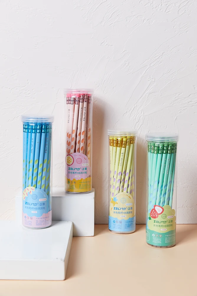 ZL348 Korean Hot Sale Wholesale PVC barrel packing Slim Groove Pencil 7 inch 2.6mm lead Triangular shape HB pencil with holes