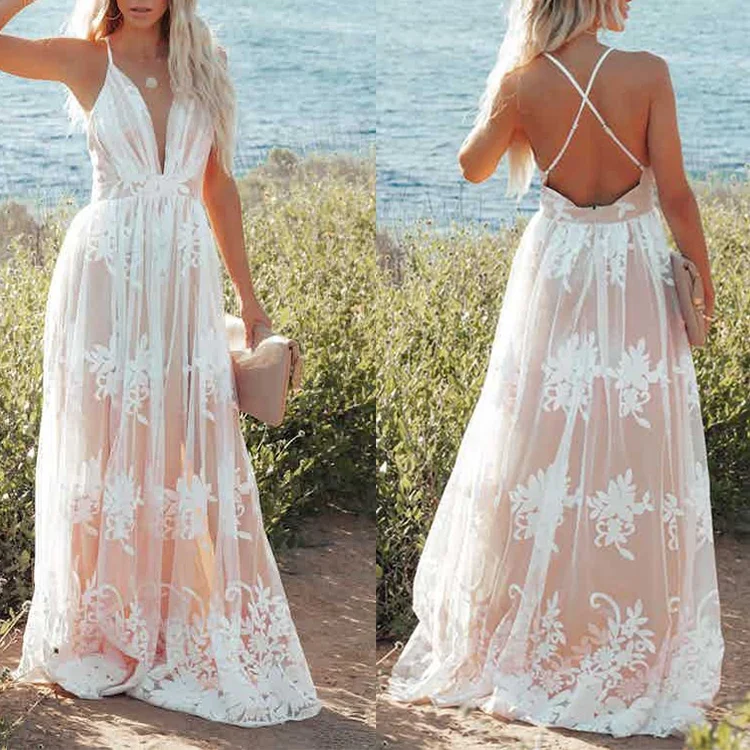 Custom loose deep v neck sexy summer backless white plus size beach long maxi dresses ladies for elegant casual dresses