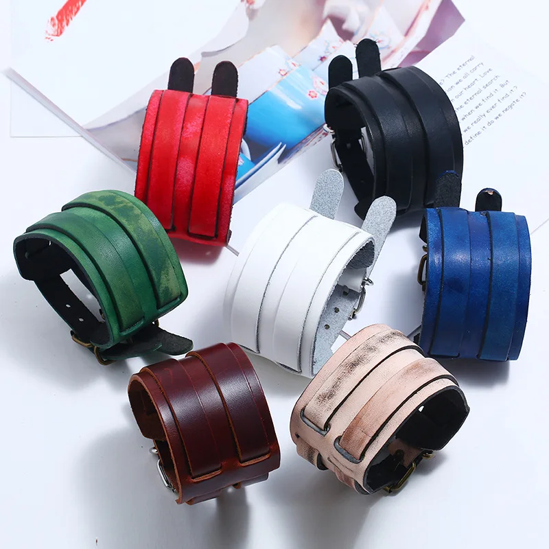 Wholesale Punk style wide Leather Bracelets & Bangles genuine Leather Wristband Men cuff Bracelet Charm Wrap arm Jewelry