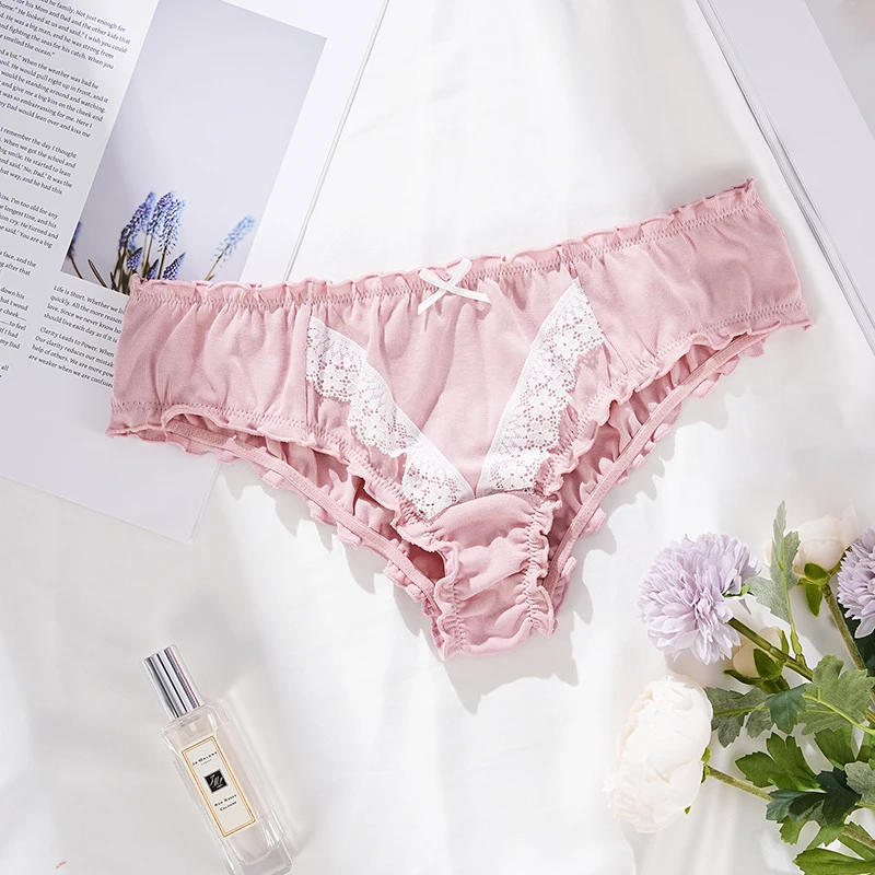 Ladymate ODM/OEM Tanga de encaje para mujer Bragas Tanga Women sexy lace stitching pleated briefs contrast lace ruffle underwear