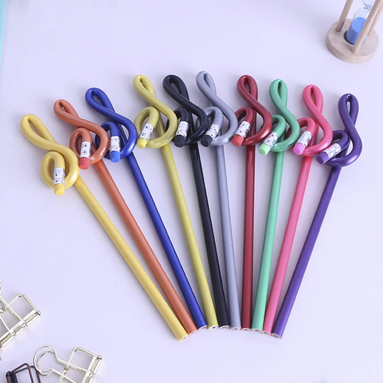 low MOQ custom pvc bendable pencil soft flexible kawaii colorful musical note fancy pencils sets with eraser