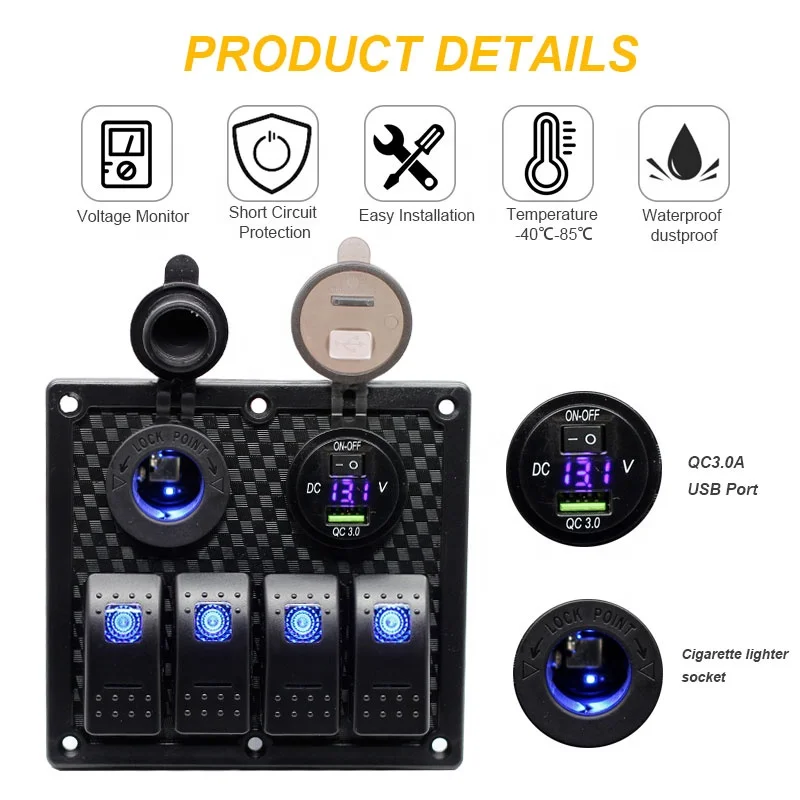 QC3.0 USB Charger Voltmeter 12V-24V DC Rocker Switch with Cigarette lighter socket 4 Gang Rocker Switch Panel