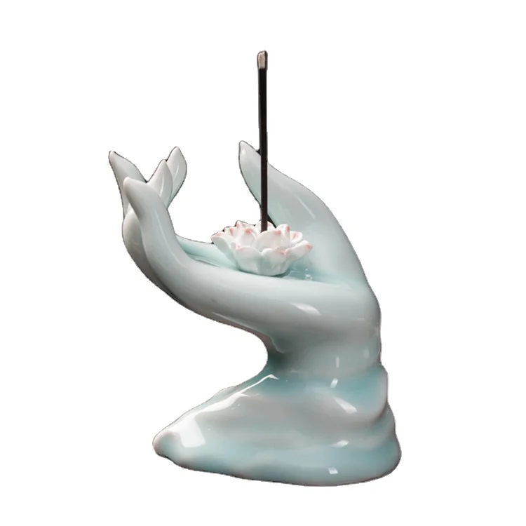Ceramic Incense Burner Buddha hand Decorative lotus Backflow Incense Burner For Home Decor