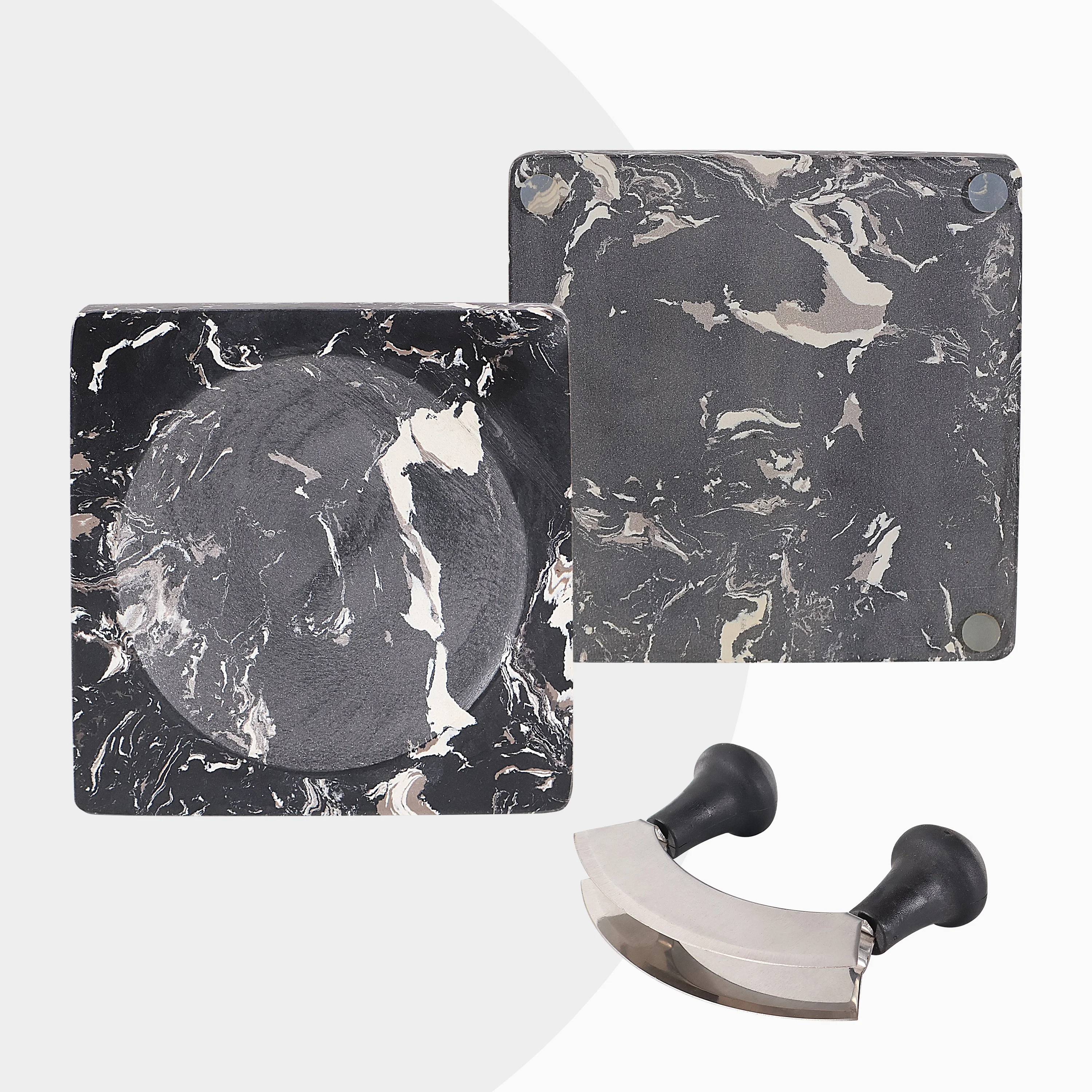 Marble Cutting Board Crescent Knife Herb Chopper Mezzaluna Knife