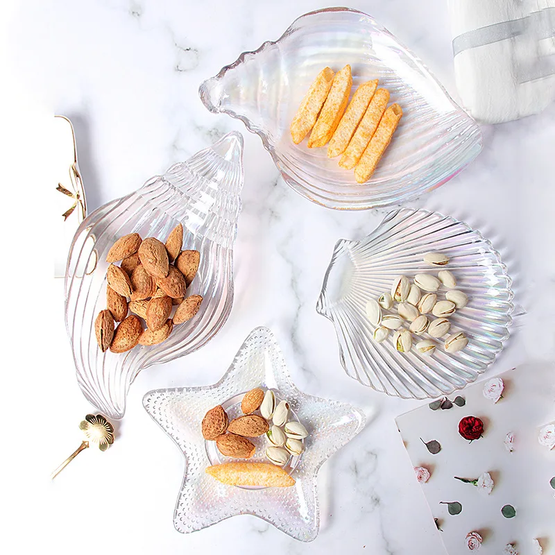 Handmade Ocean Series Dishes Luxury Snack Salad Bowl Fruit Dish Glass Shell Starfish Conch Shape Plate With Gold Rim