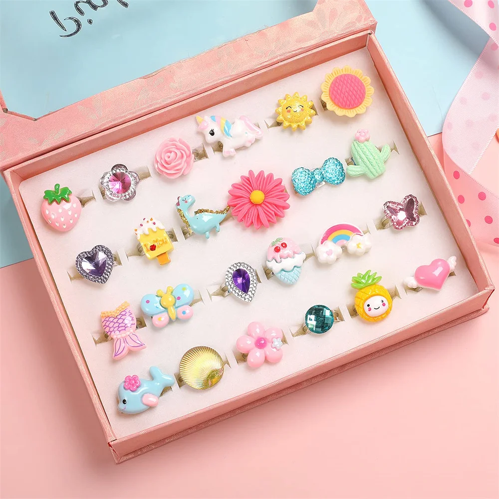 2022 Hot Sales Kid Dress Up Rings, Pretend Play Toy Lovely Adjustable Little Girl Jewel Rings Box Set