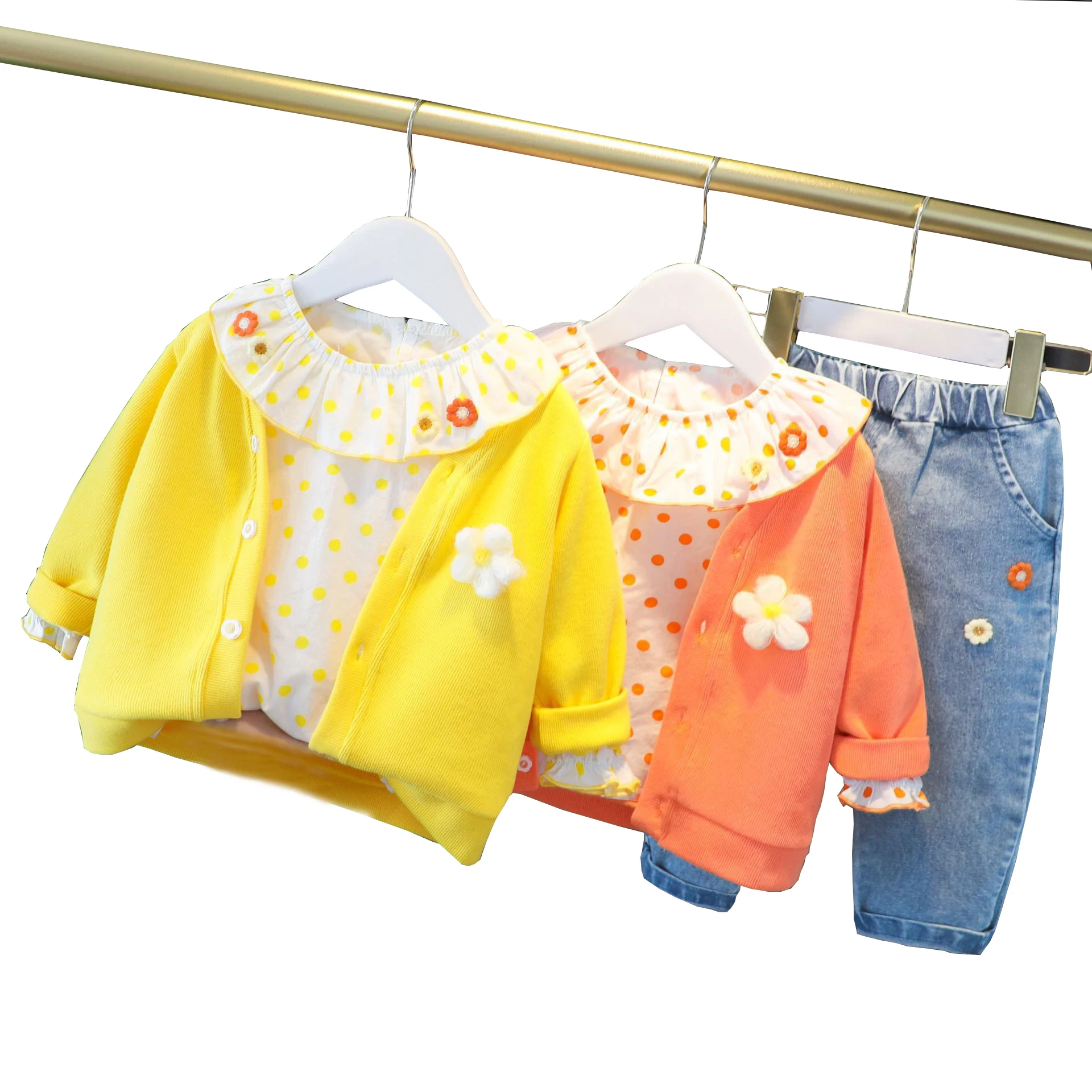 New Autumn colors cardigan+dots shirt+Denim pants baby clothing sets girls 3pcs with cute crochet floral