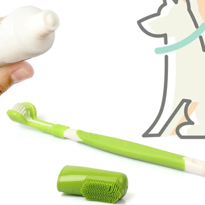
Factory Cheap Pet Three Heads Toothbrush and Toothpaste Cleaning Pet teeth Pet Grooming Tools 