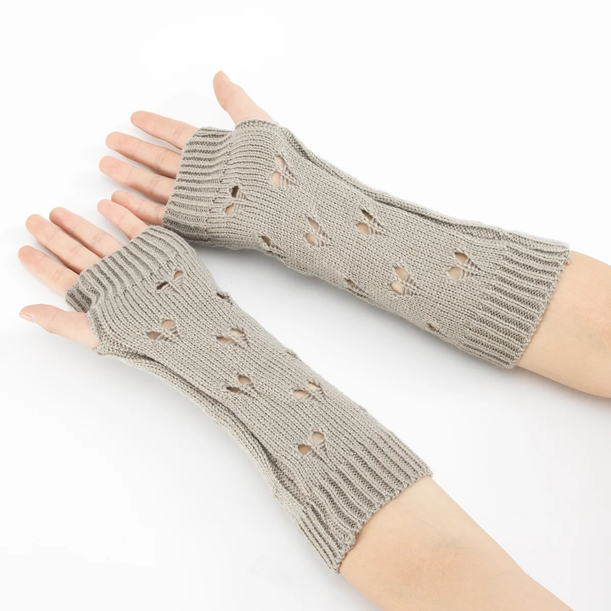 High quality Stylish Hand Warmer Winter Women Arm Crochet Knitting Hollow Heart Mitten Warm Fingerless Acrylic Gloves