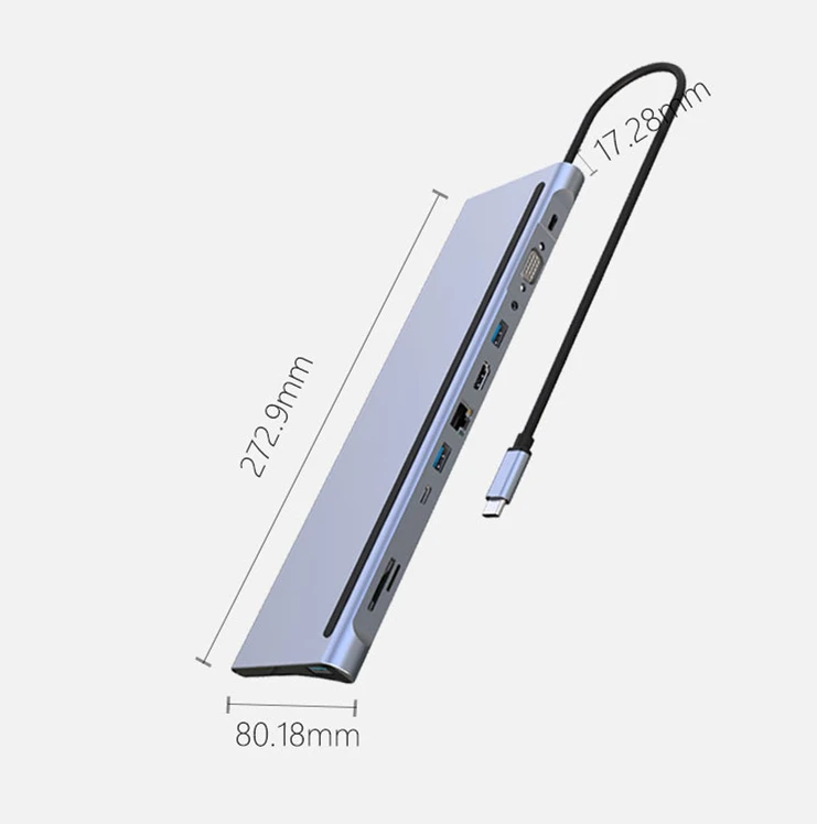 OEM ODM 11 in 1 usb c hub Aluminium alloy housing 11 in 1 type c hub docking station compatible type c usb hub tf sd card reader