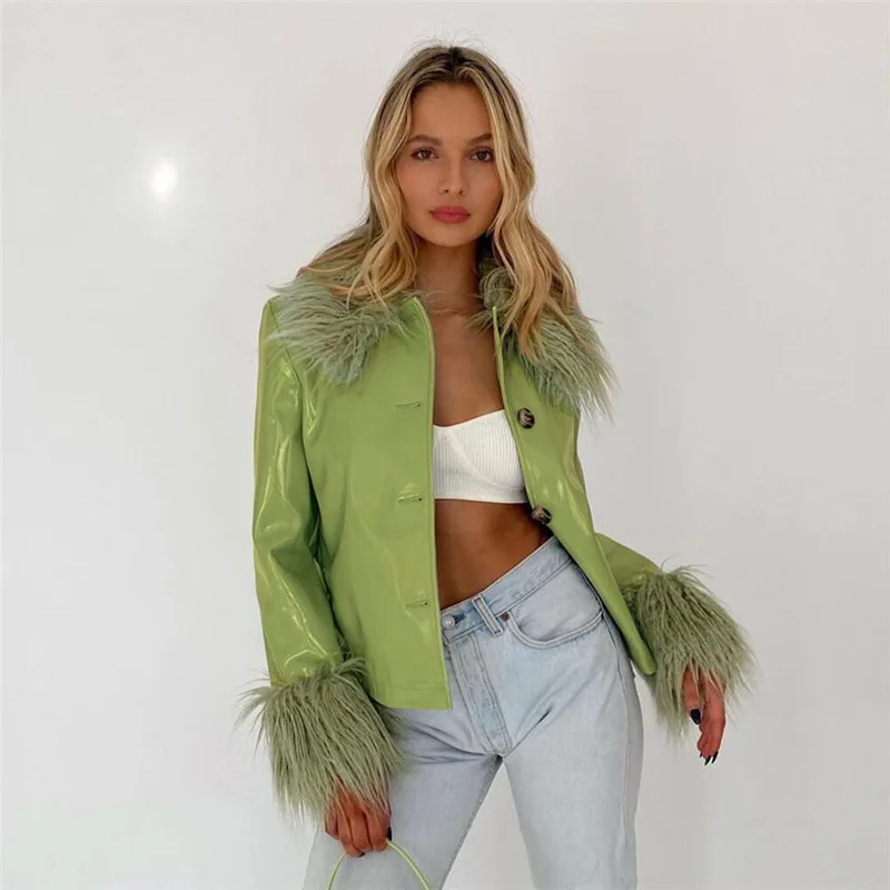 Autumn Fashion Fit Long Sleeve Fitness Jacket Fur Collar Single Breasted Slim Body Warm PU Leather Coat For