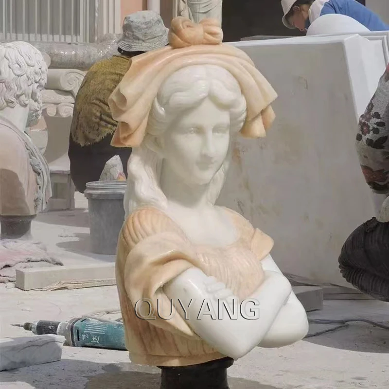 QUYANG Life Size Antique Home Decoration White Marble Young Girl Head Sculpture Lady Carving Stone Bust Statue