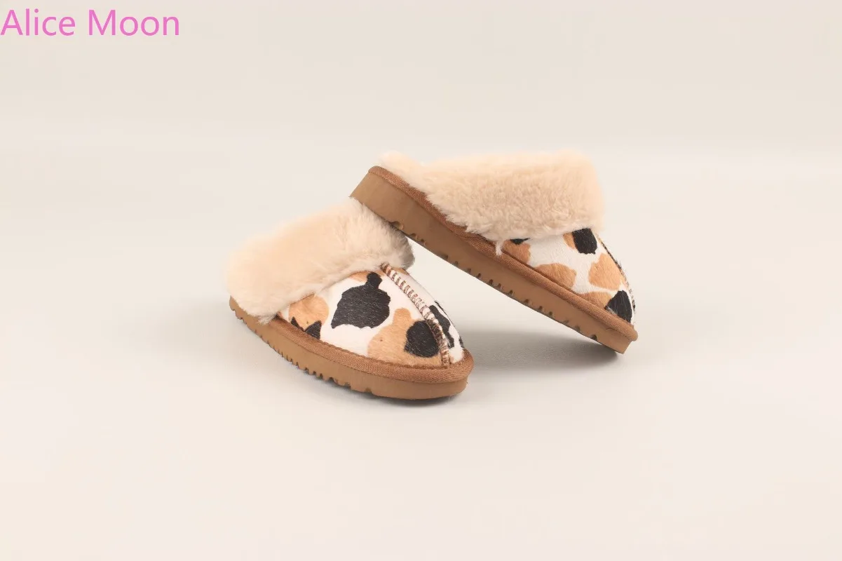 Milk Cow Print Closed Toe Fluffy Slipper for Mommy and Me Winter Warm Home Thicken Cotton Plush Real Leather Slipper Women Shoes