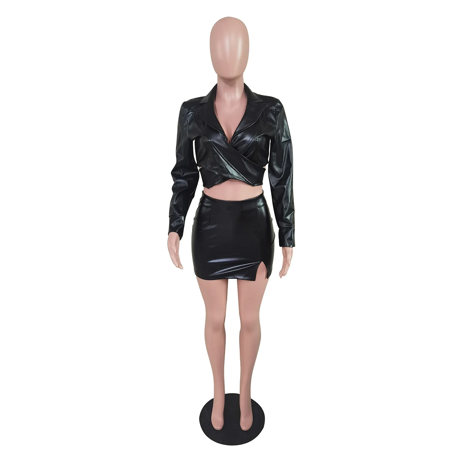 Woman 2 Piece Outfits Summer Pu Leather Women Skirt Set Sexy Club Modest Crop Top And Mini Skirts Ladies Two Piece Outfit