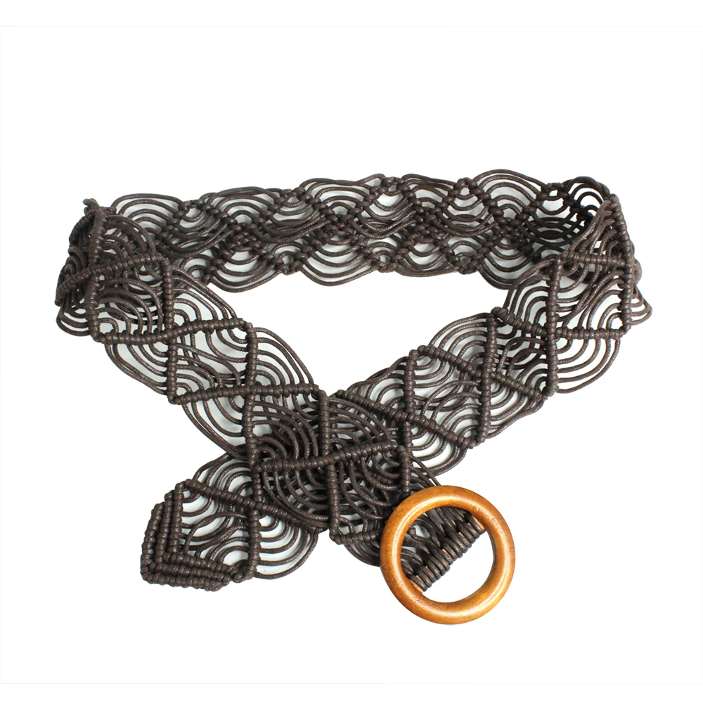 Модный дизайн под заказ Женский Плетеный ремень из полиэстера с деревянной пряжкой