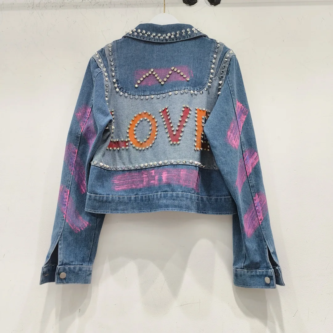 2024 Short Denim Coat for Women Spring Autumn New Beaded High Waist Crystal Jean Jacket Female Slimming Short Denim Jacket