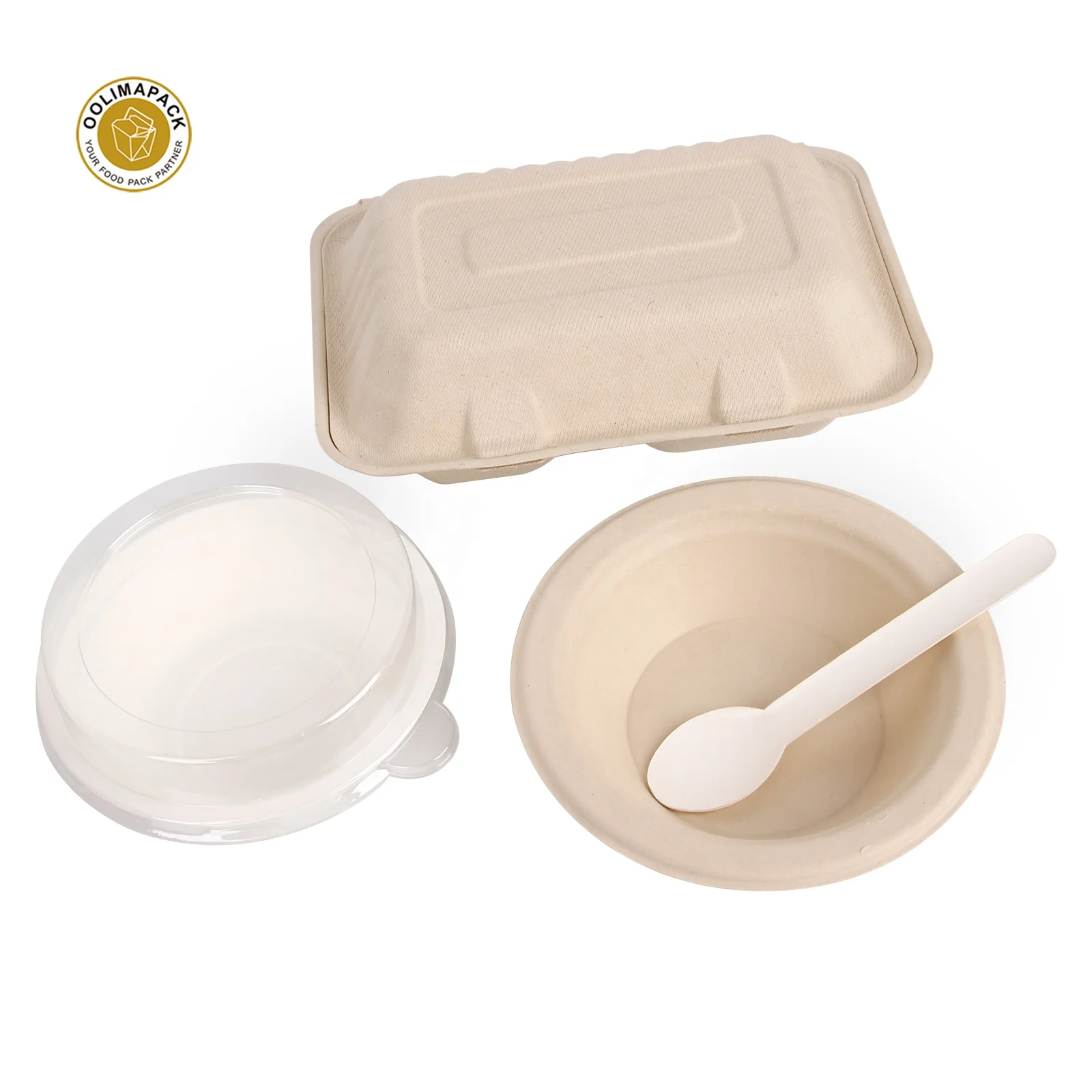 Biodegradable 350ml Disposable Sugarcane Bagasse Paper Pulp Container Soup Salad Bowl With PP/PET Lid