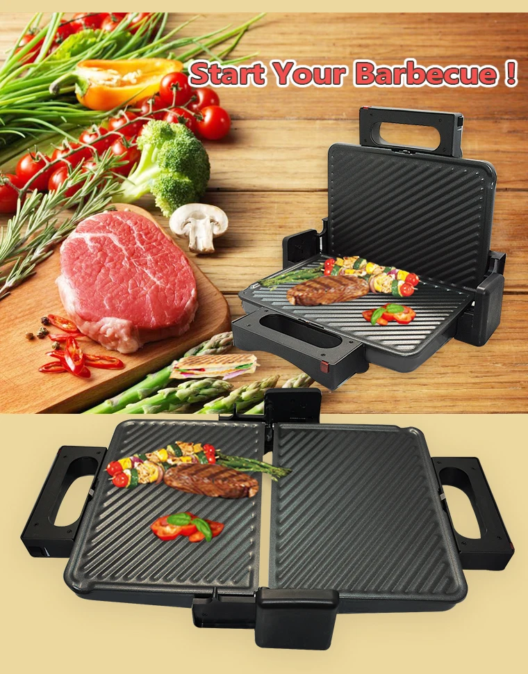 BBQ Steak Hamburger Panini Electric Sandwich Maker Grill Meat Roaster Machine Egg Frying Pan Breakfast Toaster removable