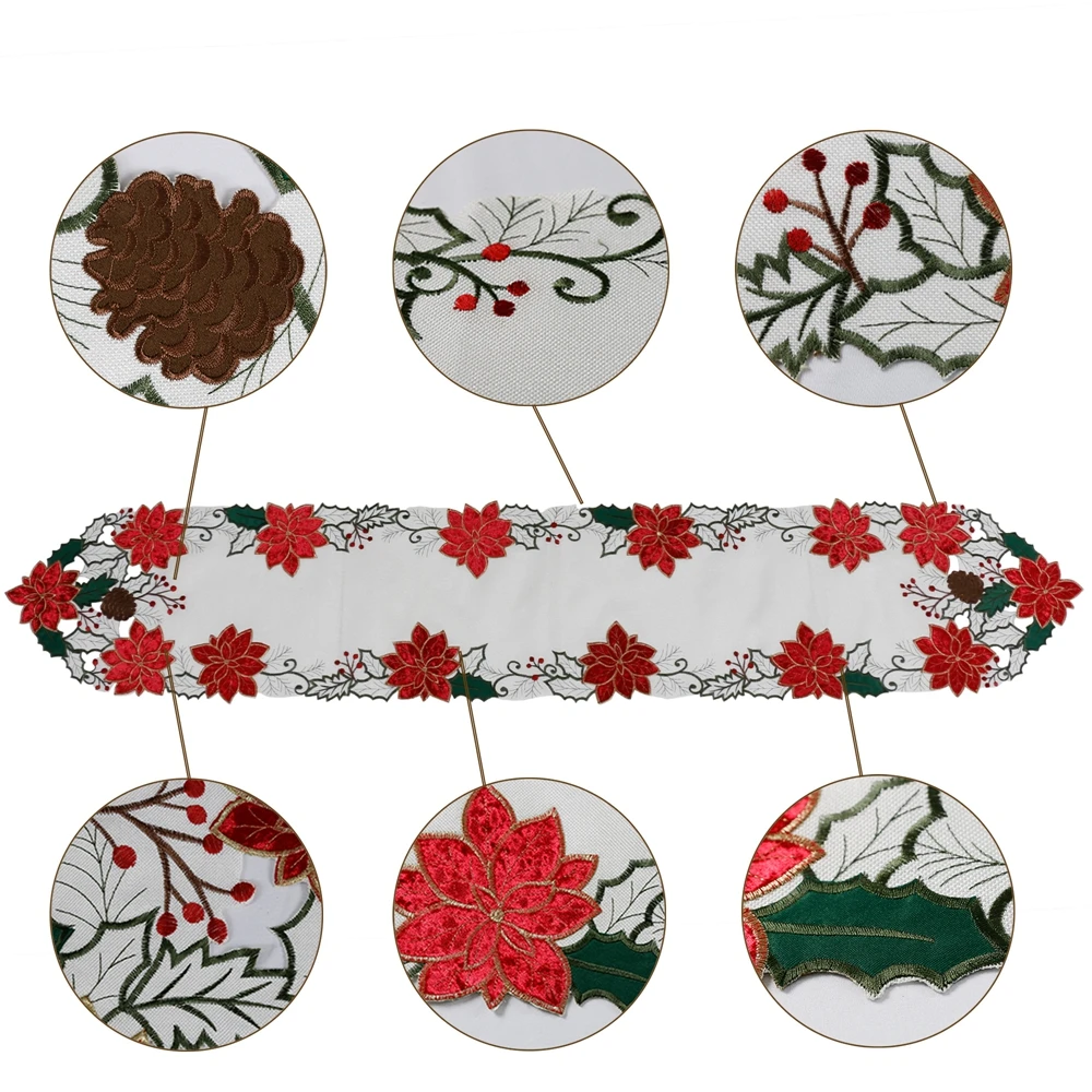 OWENIE Christmas Red Poinsettia Embroidered Applique Velvet Flower Custom Table Runner With Place Mats For Dinner Table