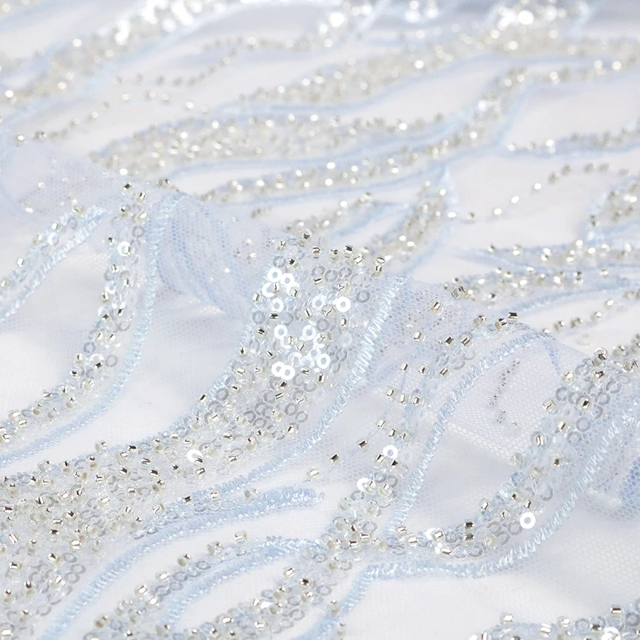 Polye Mesh Party Wear Dresses for Women Textile Fabric on Korea Wholesale Sequin Beaded Lace White Lightweight Knitted BEADING