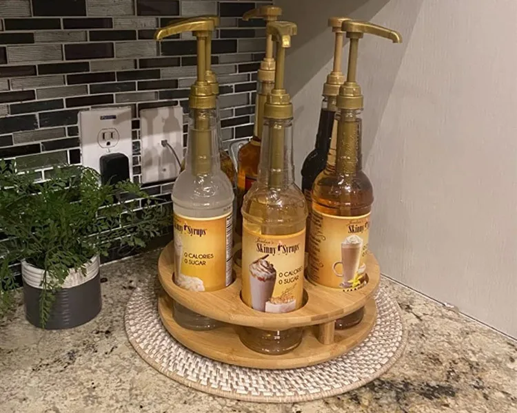 Kitchen Accessories Bamboo Coffee Syrup Storage Racks Turntable Countertop Organizer Lazy Susan Wine Sauce Bottle Holder