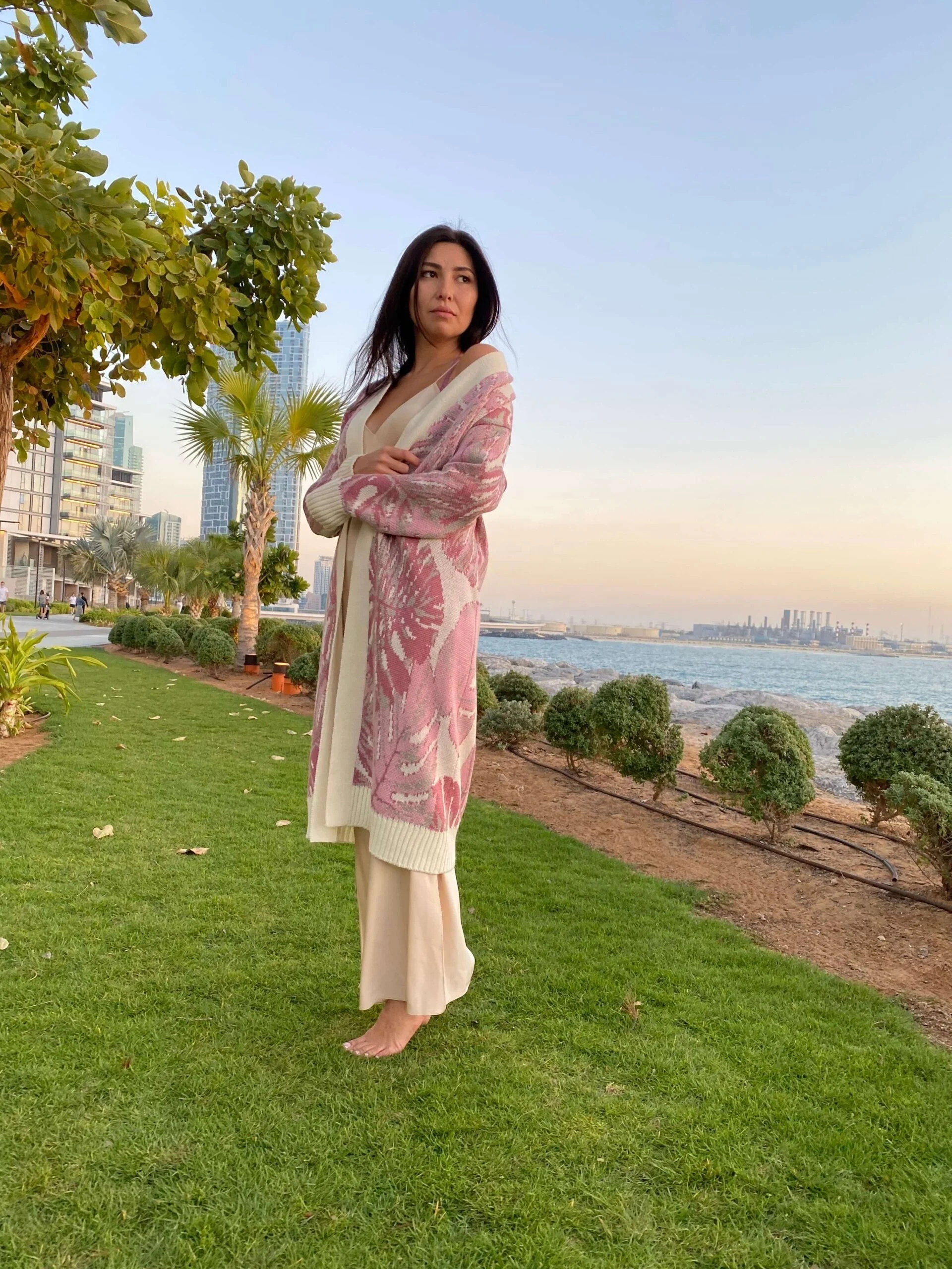 Женский длинный вязаный кардиган Monsterra, розовая одежда, 2021