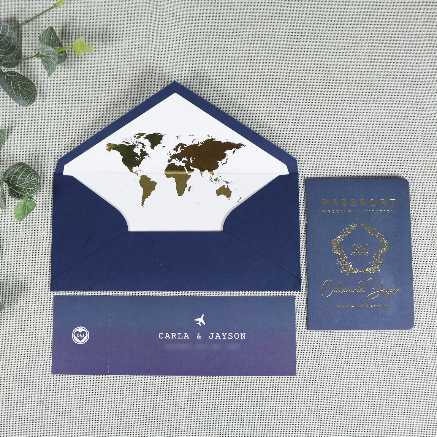 Fancy Navy Blue Wedding Destination Passport Gold World Map Invitation with Boarding Pass Card and Envelope