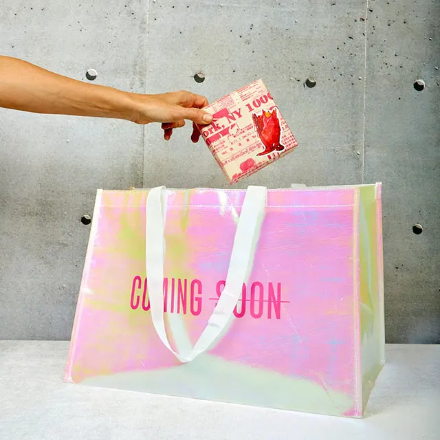 Custom Print Logo Extra Large Supermarket Grocery Tote Eco Reusable Promotional Holographic Laser Pink Iridescent Shopping Bag