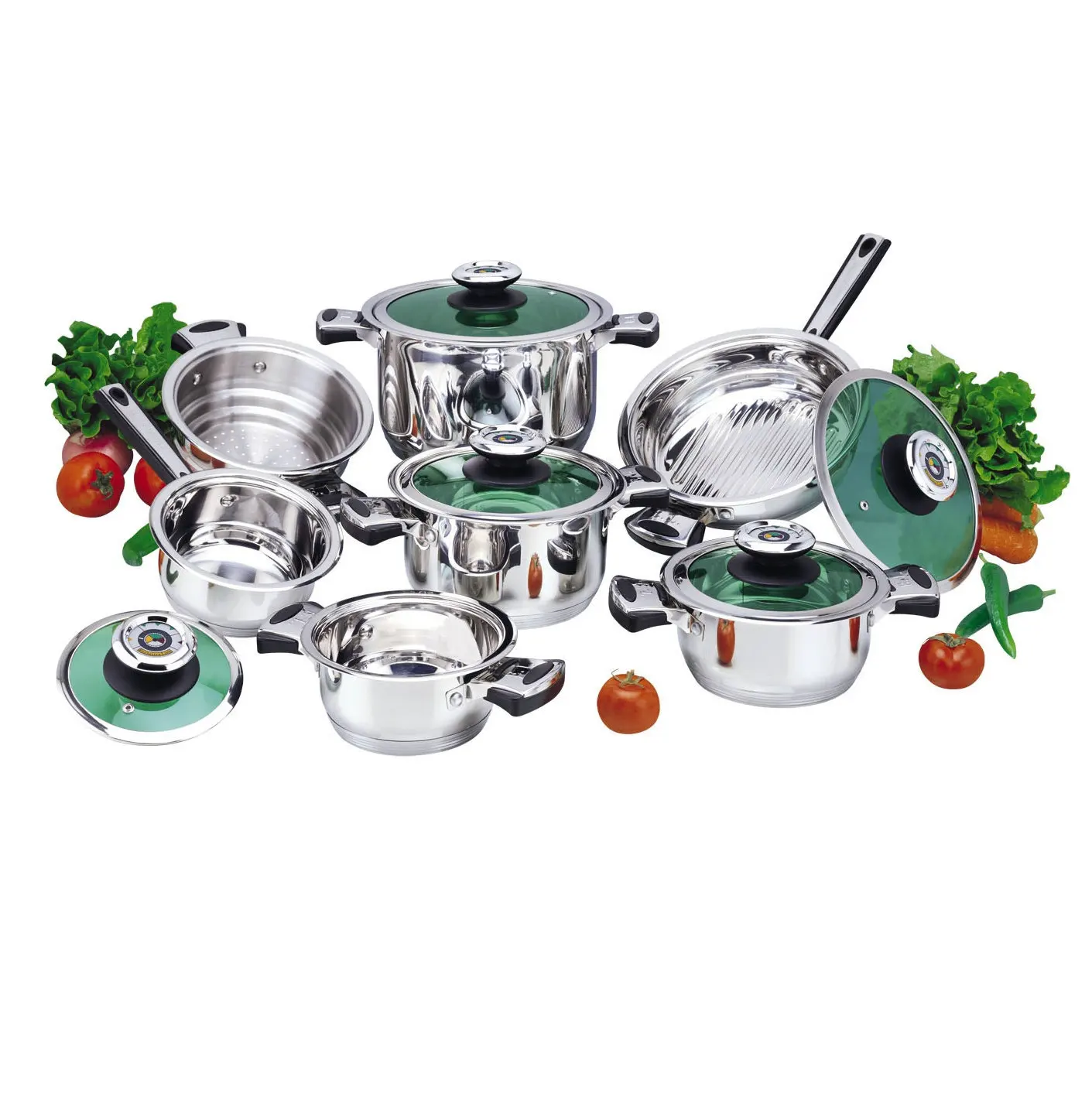 ready to ship 12pcs stainless steel cookware set with sandwich capsuled induction bottom and green glass lid (1600291971287)
