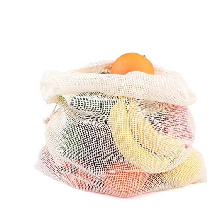 Custom 100% Cotton Mesh Cloth Drawstring Shopping Bags With Logo