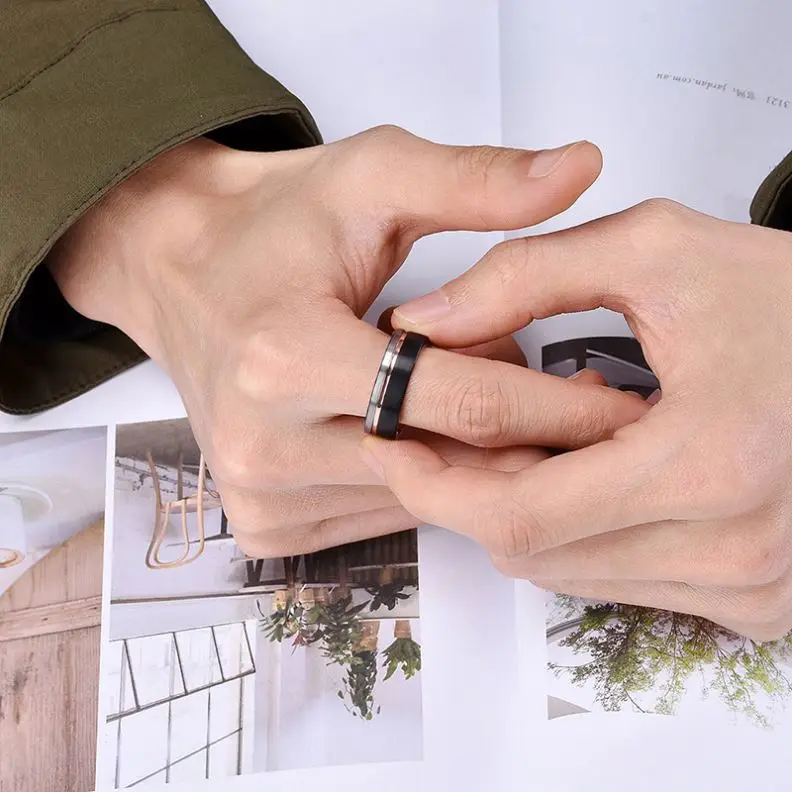 Custom Rings Tri Colors Tungsten Ring Men 4/5/6/7/8/9mm Flat Men Wedding Band Engraved Inner Polishing Manufacturer