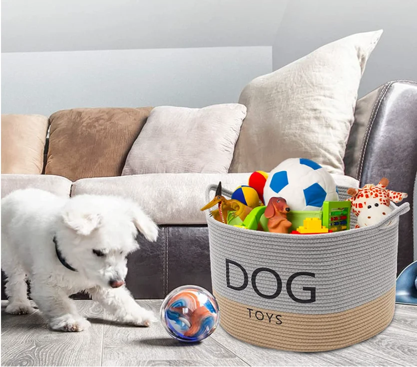 Cotton Rope Round Dog Toy Box with Handles Large Dog bin Laundry Basket Blanket Storage bin- Perfect for organizing pet Toys