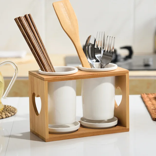 Custom Hot Selling Silverware Storage Holder Kitchen Flatware Organizer Set With Wood Base Cutlery Ceramics Storage Holder