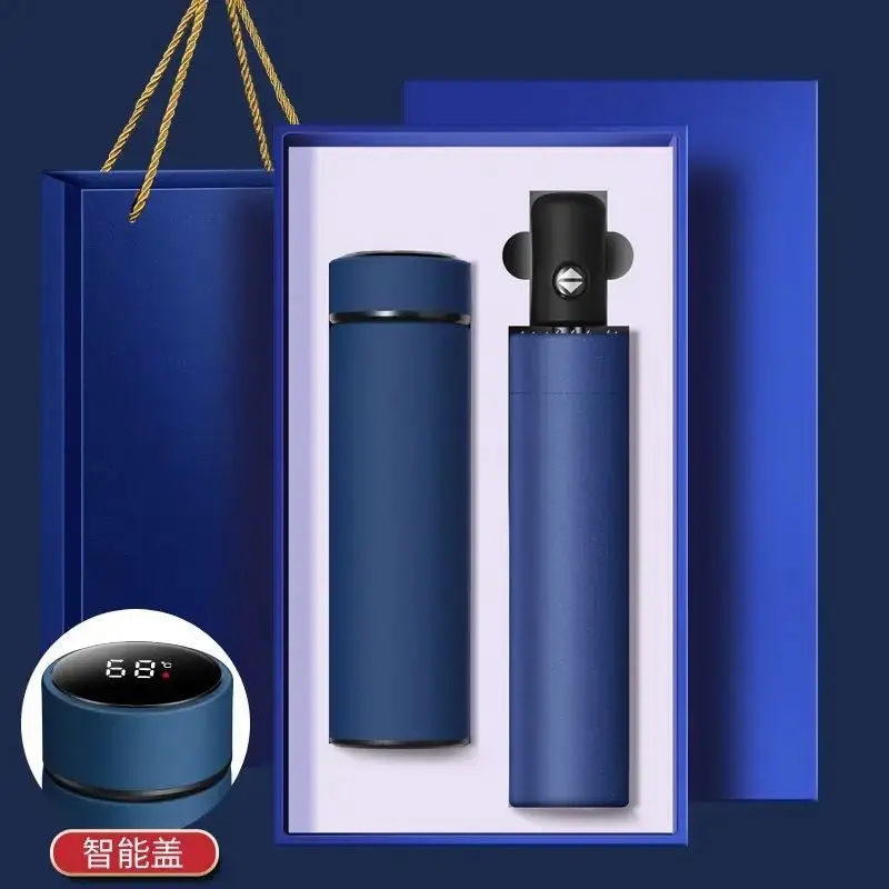 Wholesale Promotional Gift Sets Custom logo Printing Stainless Steel Thermos Cup Portable Automatic Folding Umbrella