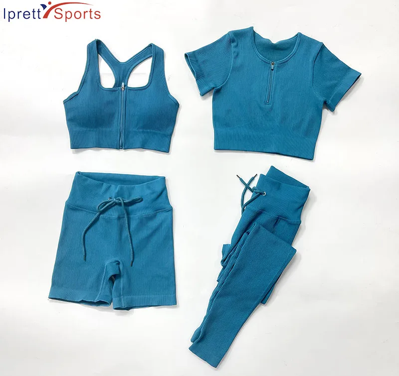 Женский спортивный костюм IprettySports из 4 предметов, женские летние костюмы на молнии, в рубчик, для спортзала, фитнеса, бесшовные комплекты, комплекты для йоги, для фитнеса, для женщин