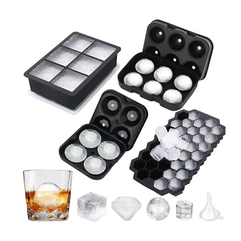 Set of 4 Silicone Ice Cube Molds For Freezer With Lid Sphere Ice Ball Large Square Diamond Cut And Hexagonal Shapes Ice Maker