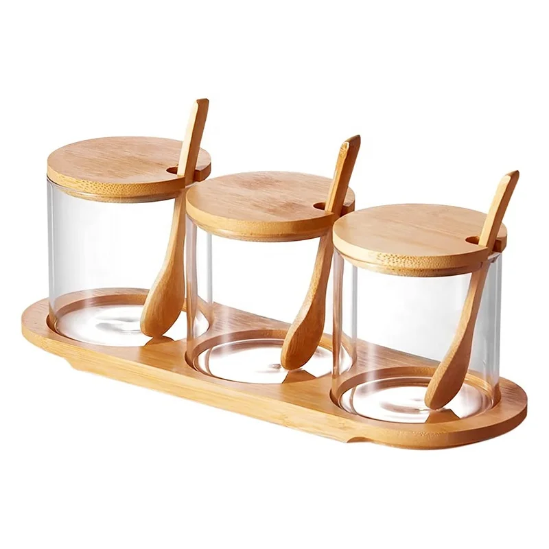 Kitchen Seasoning Box Set Spice Glass Jar with Bamboo Tray and Lid Spoon Kitchen Spice Storage Canister Salt Sugar Container
