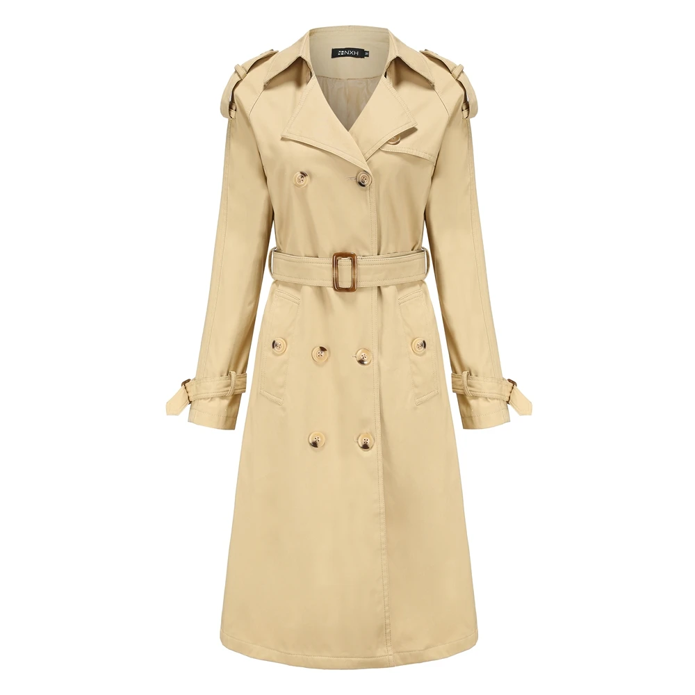Wholesale ladies solid color keep warm trench coats long sleeve coats with long female windbreaker coat