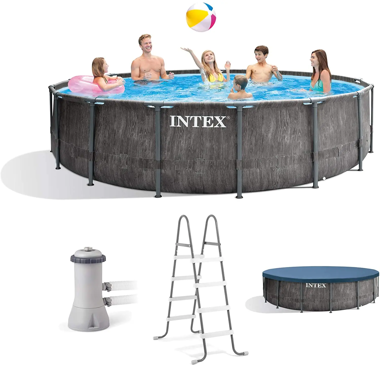 Original Intex 26744 18FT X 48IN GREY WOOD PRISM FRAME PREMIUM POOL SET Outdoor Swimming Pool Above Ground