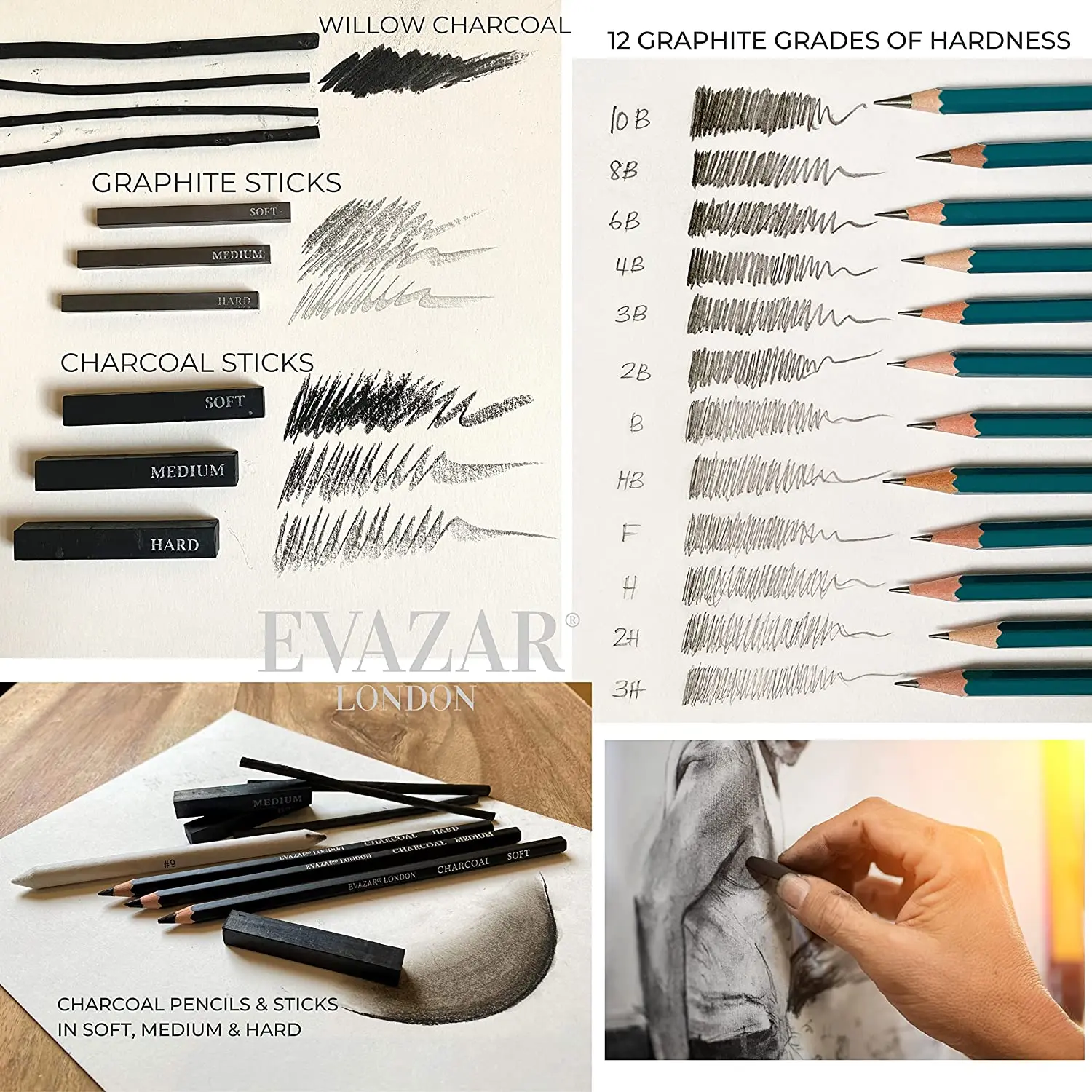 EVAZAR London 44pcs Sketching and Drawing Art Supplies, Includes Graphite & Charcoal Pencils & Sticks Plus Accessories