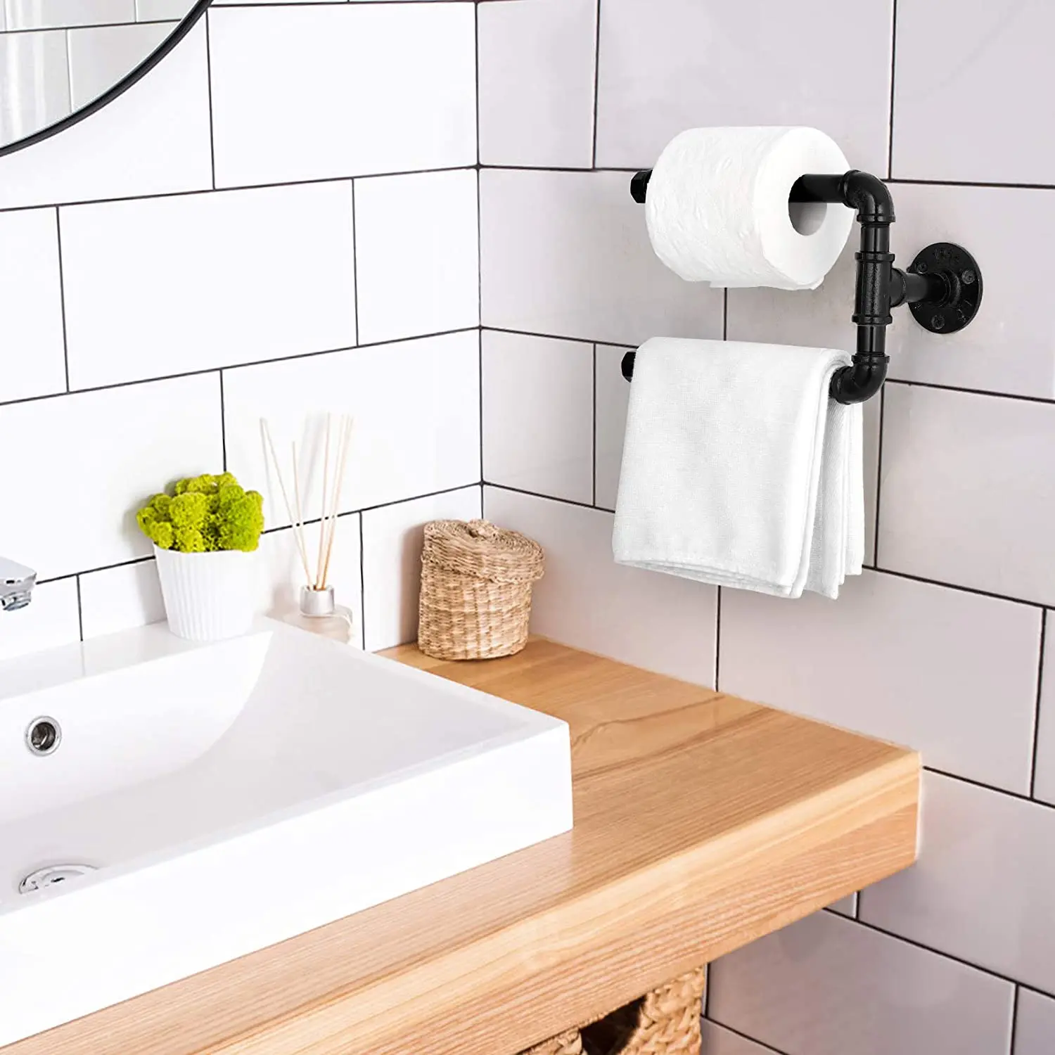 Black Paper Towel Holder Wall Mount Industrial Pipe Toilet Tissue Paper Roll Holder Vintage Rustic Farmhouse Towel Dispenser