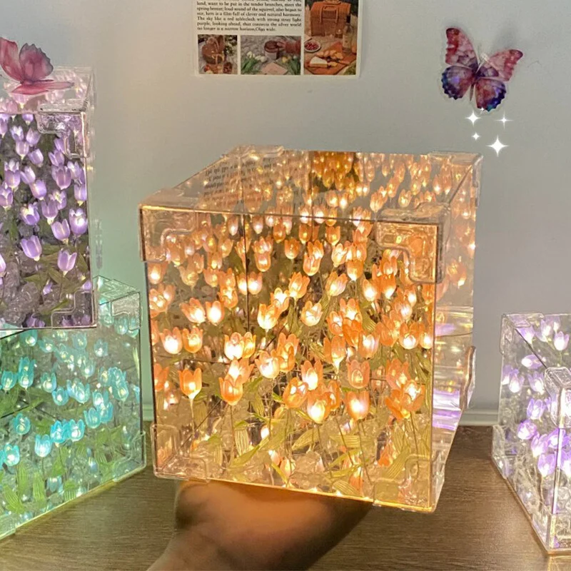 Jartown Handmade DIY LED Decorative Night Light desk lamp Cube Tulips Flower Table Lamp Mirror Flowers Tulip Night Light